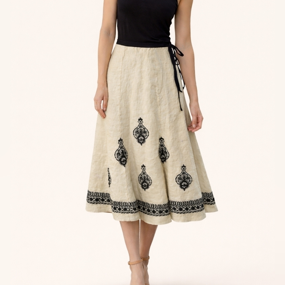 VTG KAREN KANE 1990s Ivory Damask Sequin Linen Tie Waist Godet Land Girl Skirt